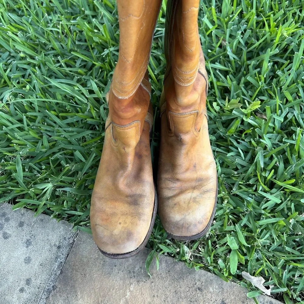 VTG 70s Frye Campus Longhorn 9.5D Black Label Saddle Brown Western Boots As Is